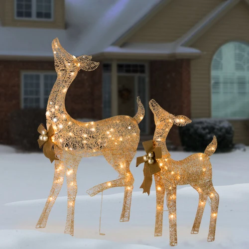 Christmas Central Set Of 2 LED Lighted Champagne Gold Fawn With Doe Outdoor Christmas Decoration 38" 4 Christmas Central Set Of 2 LED Lighted Champagne Gold Fawn With Doe Outdoor Christmas Decoration 38" - Image 2