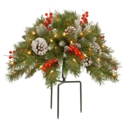 Christmas Central 18" Pre-Lit Frosted Berry Urn Filler Christmas Garden Stakes, Warm LED Lights