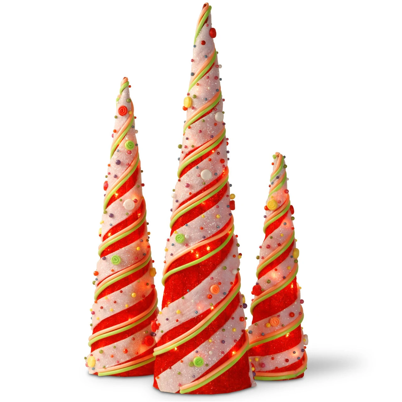 Set Of 3 Red And Beige Pre-Lit Cones Christmas Decor 39.25" 3 Set Of 3 Red And Beige Pre-Lit Cones Christmas Decor 39.25"