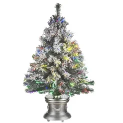 Twinkly Popular Shop 45 Christmas Central 3' Pre-lit Potted Evergreen Flocked Artificial Christmas Tree, Fiber Optic Lights