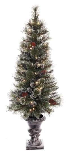 4' X 20” Pre-lit Frosted With Pine Cone Potted Artificial Christmas Tree – Clear Lights