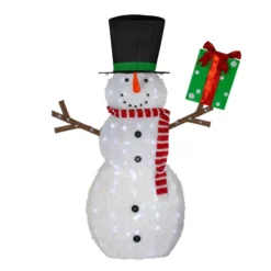 74" White LED Lighted Fluffy Glitter Snowman With Present Outdoor Christmas Figurine