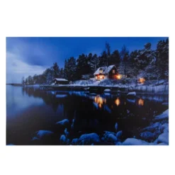 Northlight 23.75" LED Lighted Rustic Lodge Cabin On The Lake Canvas Wall Art