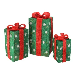 Northlight Set Of 3 Lighted Tall Green Gift Boxes With Red Bows Christmas Outdoor Decorations 18"