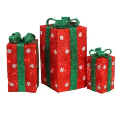 Northlight Set Of 3 Lighted Tall Red Gift Boxes With Green Bows Christmas Outdoor Decorations 18"