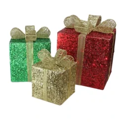 Northlight Set Of 3 Red Pre-Lit Glittering Gift Boxes Christmas Outdoor Decor 15"