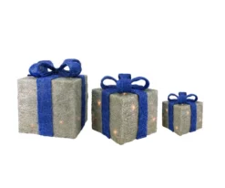 Northlight Set Of 3 Lighted Silver And Blue Gift Boxes Outdoor Christmas Decorations 10"